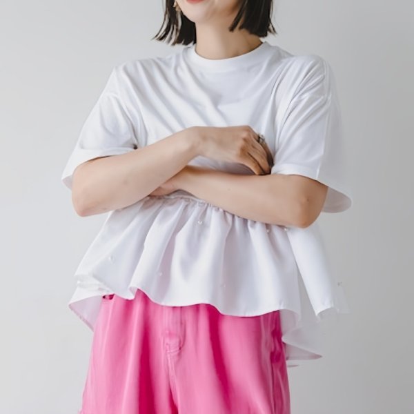 画像2:  Round neck ruffle hem beaded pullover T-shirt　ラウンドネックフリル裾パールプルオーバー T シャツコットン フリルラウンドネック半袖 Tシャツ (2)