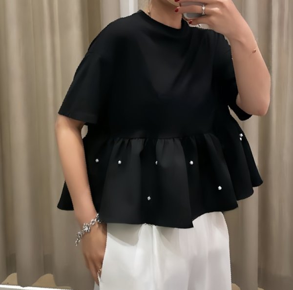 画像6:  Round neck ruffle hem beaded pullover T-shirt　ラウンドネックフリル裾パールプルオーバー T シャツコットン フリルラウンドネック半袖 Tシャツ (6)