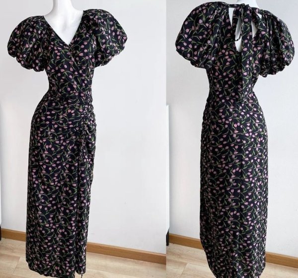 画像6: Women's Floral puff sleeve V-neck long maxi dress　フラワーチューリッププリントVネックマキシロング丈ワンピース ドレス (6)