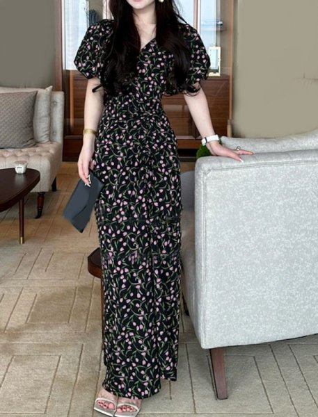 画像3: Women's Floral puff sleeve V-neck long maxi dress　フラワーチューリッププリントVネックマキシロング丈ワンピース ドレス (3)