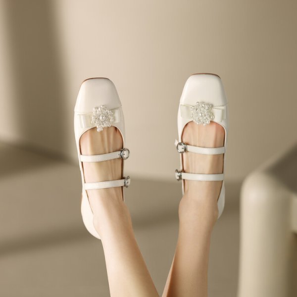 画像6: Pearl Flower Double Fairy Flat Mary Jane Pumps Shoes　 パールフラワー付きダブルストラップ フェアリーフラットメリージェーンパンプスバレーシューズ (6)