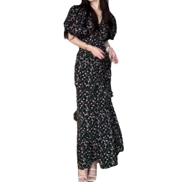 画像2: Women's Floral puff sleeve V-neck long maxi dress　フラワーチューリッププリントVネックマキシロング丈ワンピース ドレス (2)