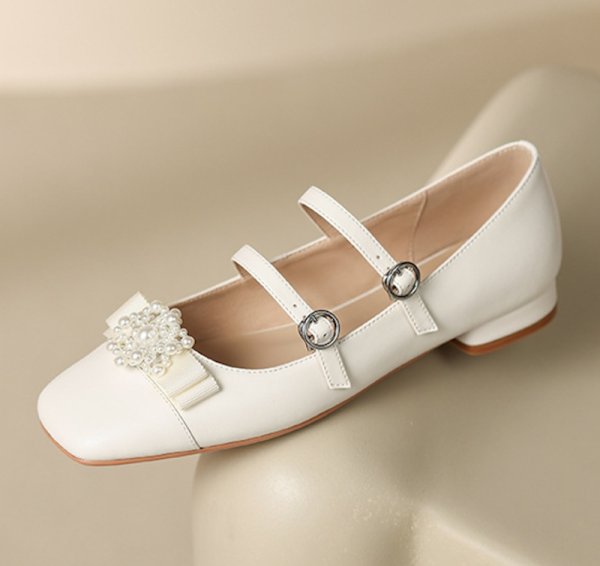 画像14: Pearl Flower Double Fairy Flat Mary Jane Pumps Shoes　 パールフラワー付きダブルストラップ フェアリーフラットメリージェーンパンプスバレーシューズ (14)