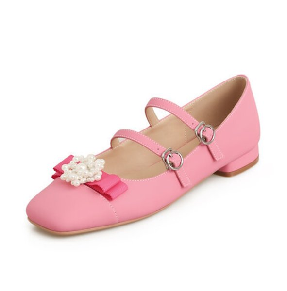 画像13: Pearl Flower Double Fairy Flat Mary Jane Pumps Shoes　 パールフラワー付きダブルストラップ フェアリーフラットメリージェーンパンプスバレーシューズ (13)