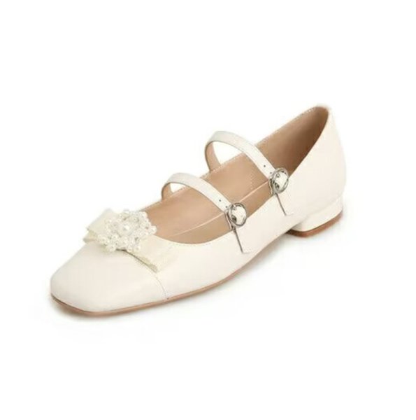画像2: Pearl Flower Double Fairy Flat Mary Jane Pumps Shoes　 パールフラワー付きダブルストラップ フェアリーフラットメリージェーンパンプスバレーシューズ (2)