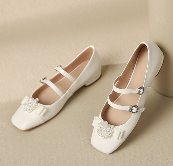 画像15: Pearl Flower Double Fairy Flat Mary Jane Pumps Shoes　 パールフラワー付きダブルストラップ フェアリーフラットメリージェーンパンプスバレーシューズ (15)