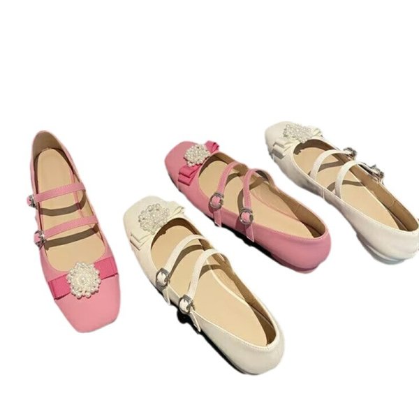 画像8: Pearl Flower Double Fairy Flat Mary Jane Pumps Shoes　 パールフラワー付きダブルストラップ フェアリーフラットメリージェーンパンプスバレーシューズ (8)