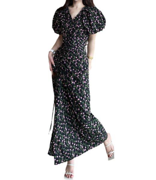 画像1: Women's Floral puff sleeve V-neck long maxi dress　フラワーチューリッププリントVネックマキシロング丈ワンピース ドレス (1)