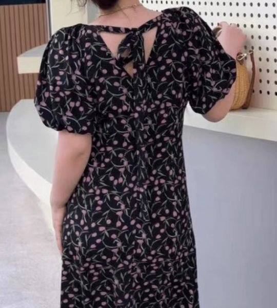 画像7: Women's Floral puff sleeve V-neck long maxi dress　フラワーチューリッププリントVネックマキシロング丈ワンピース ドレス (7)
