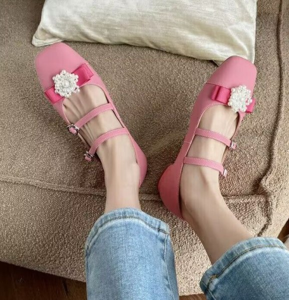 画像12: Pearl Flower Double Fairy Flat Mary Jane Pumps Shoes　 パールフラワー付きダブルストラップ フェアリーフラットメリージェーンパンプスバレーシューズ (12)