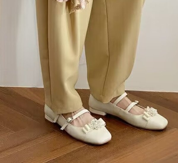 画像9: Pearl Flower Double Fairy Flat Mary Jane Pumps Shoes　 パールフラワー付きダブルストラップ フェアリーフラットメリージェーンパンプスバレーシューズ (9)