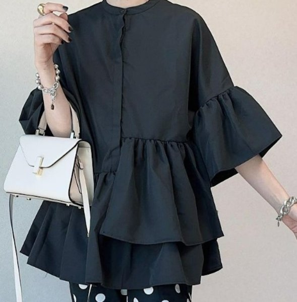 画像2: Women's Bell sleeve loose mid-length blouse shirt blouse 　ベルスリーブルーズミドル丈ブラウスシャツブラウス (2)