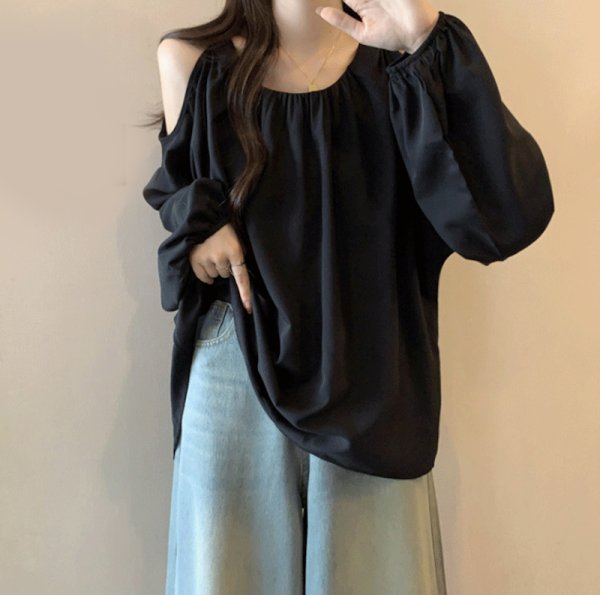 画像7: Women's Off-the-shoulder long-sleeved chiffon  shirt blouse 　オフショルダーシフォン長袖シャツブラウスTシャツプラスサイズあり (7)