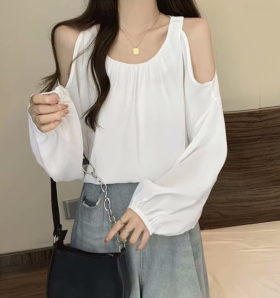 画像2: Women's Off-the-shoulder long-sleeved chiffon  shirt blouse 　オフショルダーシフォン長袖シャツブラウスTシャツプラスサイズあり (2)