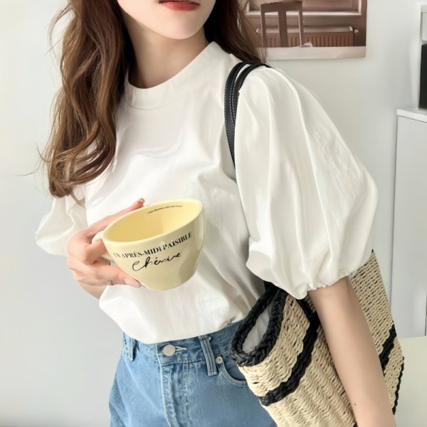 画像3: Lantern sleeve pullover short-sleeved T-shirt with ribbon on the back　ランタンスリーブ後ろリボン縛りプルオーバー半袖Tシャツ (3)