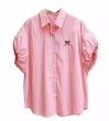 画像1: Women's Embroidered ribbon stripe puff sleeve shirt blouse 　刺繍リボンストライプパフスリーブシャツブラウスTシャツ (1)
