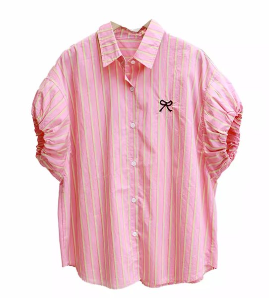 画像1: Women's Embroidered ribbon stripe puff sleeve shirt blouse 　刺繍リボンストライプパフスリーブシャツブラウスTシャツ (1)