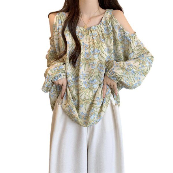 画像3: Women's Off-the-shoulder long-sleeved chiffon  shirt blouse 　オフショルダーシフォン長袖シャツブラウスTシャツプラスサイズあり (3)