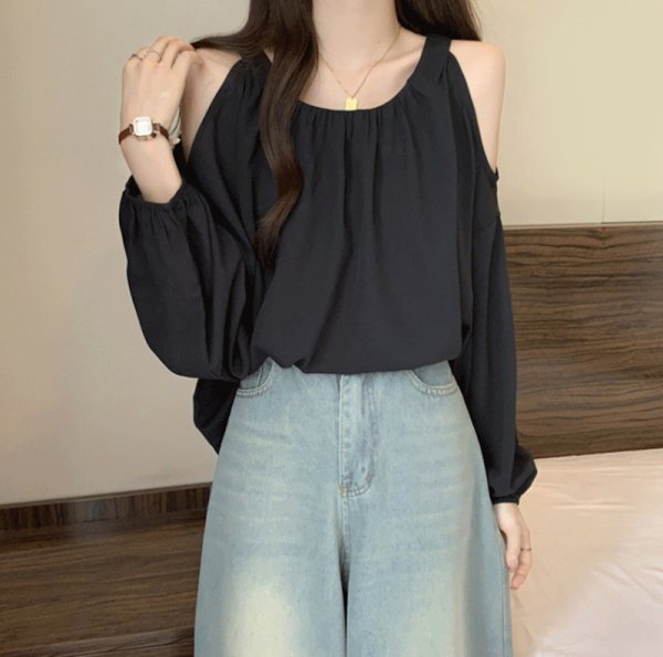 画像9: Women's Off-the-shoulder long-sleeved chiffon  shirt blouse 　オフショルダーシフォン長袖シャツブラウスTシャツプラスサイズあり (9)