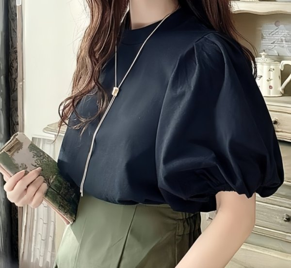 画像4: Lantern sleeve pullover short-sleeved T-shirt with ribbon on the back　ランタンスリーブ後ろリボン縛りプルオーバー半袖Tシャツ (4)