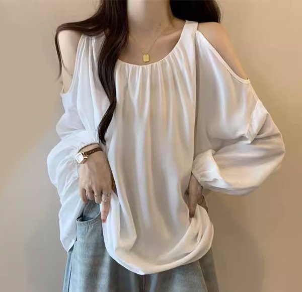 画像5: Women's Off-the-shoulder long-sleeved chiffon  shirt blouse 　オフショルダーシフォン長袖シャツブラウスTシャツプラスサイズあり (5)