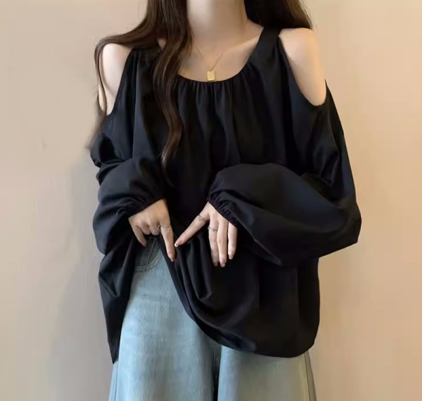画像4: Women's Off-the-shoulder long-sleeved chiffon  shirt blouse 　オフショルダーシフォン長袖シャツブラウスTシャツプラスサイズあり (4)