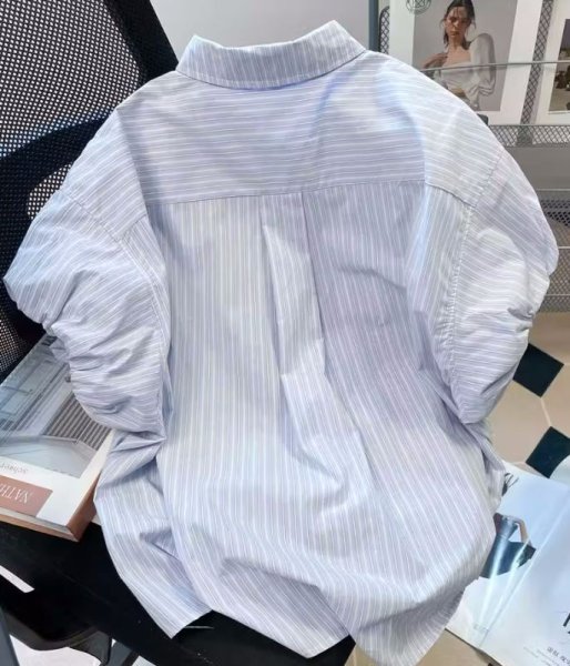 画像5: Women's Embroidered ribbon stripe puff sleeve shirt blouse 　刺繍リボンストライプパフスリーブシャツブラウスTシャツ (5)