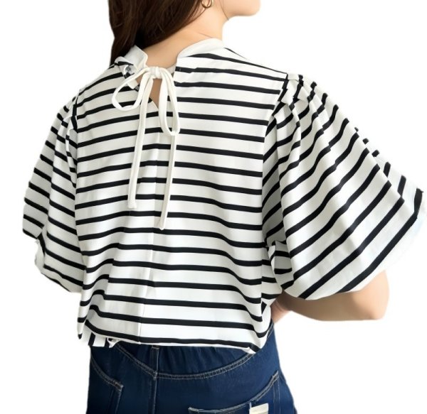 画像1: Lantern sleeve pullover short-sleeved T-shirt with ribbon on the back　ランタンスリーブ後ろリボン縛りプルオーバー半袖Tシャツ (1)