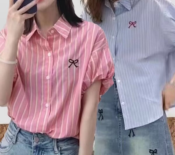 画像4: Women's Embroidered ribbon stripe puff sleeve shirt blouse 　刺繍リボンストライプパフスリーブシャツブラウスTシャツ (4)