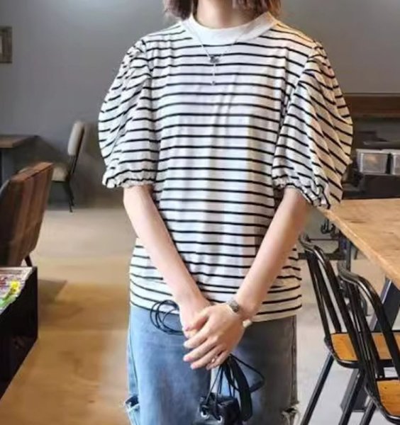 画像9: Lantern sleeve pullover short-sleeved T-shirt with ribbon on the back　ランタンスリーブ後ろリボン縛りプルオーバー半袖Tシャツ (9)