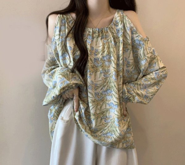 画像6: Women's Off-the-shoulder long-sleeved chiffon  shirt blouse 　オフショルダーシフォン長袖シャツブラウスTシャツプラスサイズあり (6)