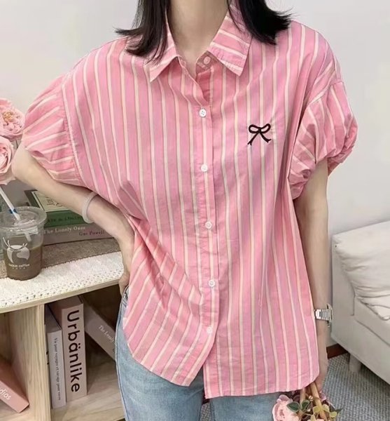 画像3: Women's Embroidered ribbon stripe puff sleeve shirt blouse 　刺繍リボンストライプパフスリーブシャツブラウスTシャツ (3)