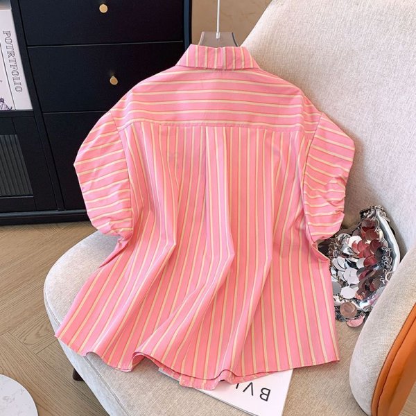 画像6: Women's Embroidered ribbon stripe puff sleeve shirt blouse 　刺繍リボンストライプパフスリーブシャツブラウスTシャツ (6)
