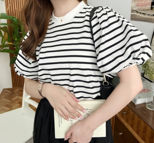 画像2: Lantern sleeve pullover short-sleeved T-shirt with ribbon on the back　ランタンスリーブ後ろリボン縛りプルオーバー半袖Tシャツ (2)