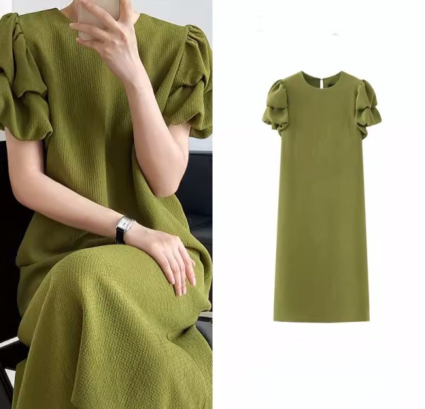 画像1: Women's Floral puff sleeve one-piece dress 　パフスリーブ ひざ下丈半袖ワンピースドレス (1)