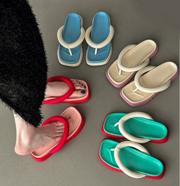 画像10: square-toed color-blocked sandals flip-flops ユニセックスプラットフォーム厚底スクエアトゥカラーブロックサンダルスリッパ  (10)