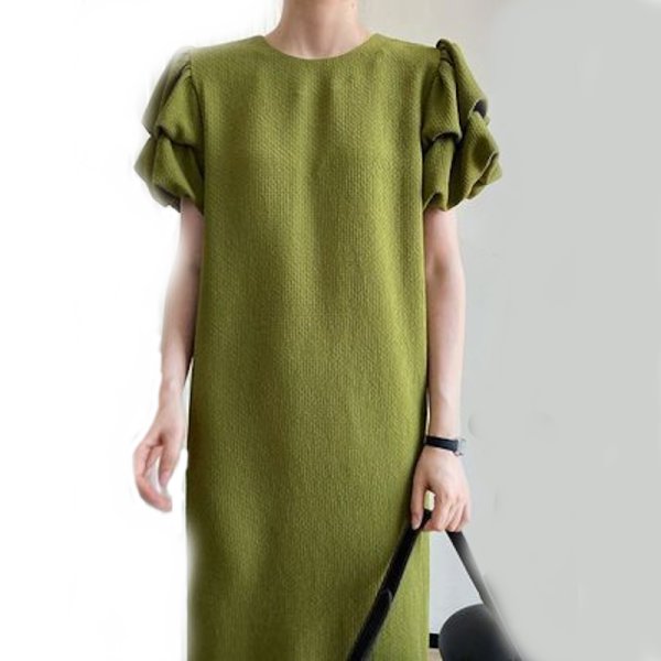 画像7: Women's Floral puff sleeve one-piece dress 　パフスリーブ ひざ下丈半袖ワンピースドレス (7)