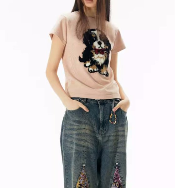 画像3: puppy print straight shoulder short-sleeve T-shirt　子犬パピープリントストレートショルダー半袖Tシャツ (3)