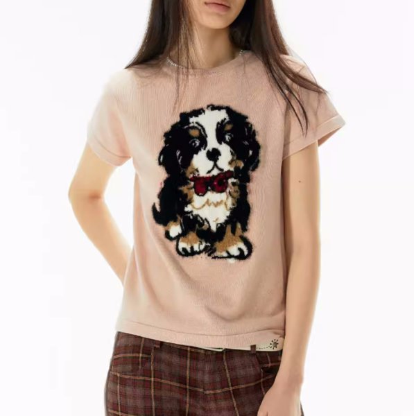 画像1: puppy print straight shoulder short-sleeve T-shirt　子犬パピープリントストレートショルダー半袖Tシャツ (1)