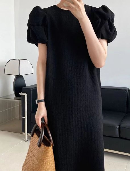 画像6: Women's Floral puff sleeve one-piece dress 　パフスリーブ ひざ下丈半袖ワンピースドレス (6)