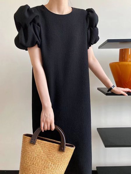 画像12: Women's Floral puff sleeve one-piece dress 　パフスリーブ ひざ下丈半袖ワンピースドレス (12)