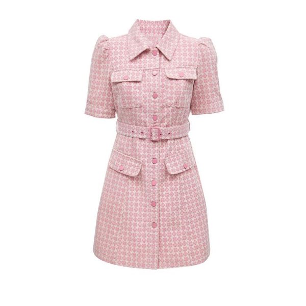 画像7: Women's Single-breasted flower block design short sleeve dress one-piece  　フラワーブロックミニ半袖ワンピースドレス (7)