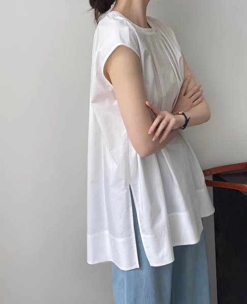 画像1: Women's Round neck sleeveless mid-length clean shirt blouse 　ノースリーブラウンドネックミドル丈シャツブラウスTシャツ (1)