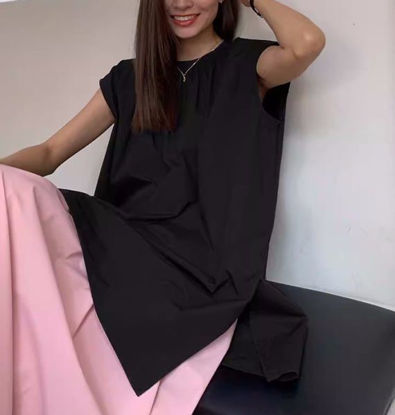 画像6: Women's Round neck sleeveless mid-length clean shirt blouse 　ノースリーブラウンドネックミドル丈シャツブラウスTシャツ (6)