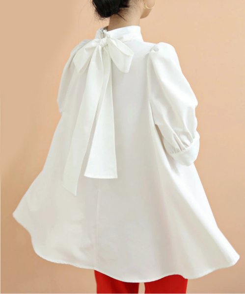 画像12: Women's Lantern Short Sleeve Bow Tie Stand Collar Shirt　ラタンスリーブボウリボンミドル丈シャツブラウス (12)