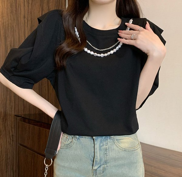 画像4: Pearl round neck frill half sleeve T-shirt　パール付きラウンドネックフリルプルオーバー半袖Tシャツ (4)