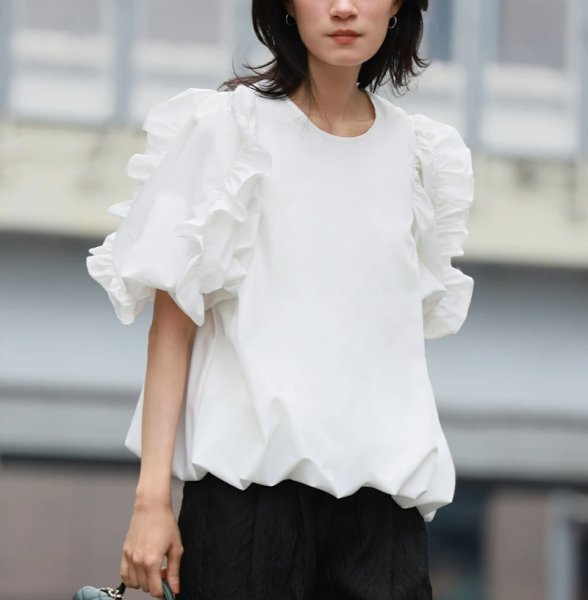 画像2: Women's Cuffs Ruffle Balloon T-shirt　カフ フリルフバルーンプルオーバー半袖Tシャツ (2)