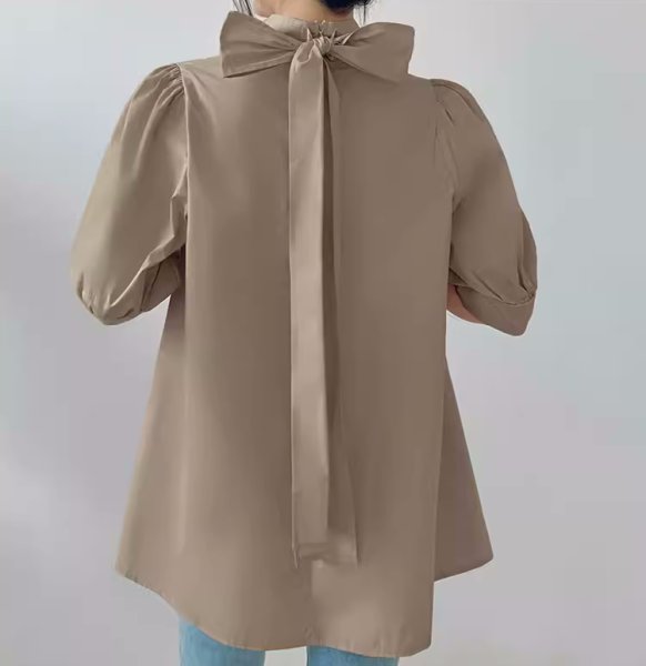 画像3: Women's Lantern Short Sleeve Bow Tie Stand Collar Shirt　ラタンスリーブボウリボンミドル丈シャツブラウス (3)