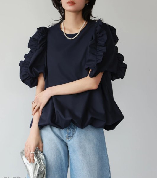 画像4: Women's Cuffs Ruffle Balloon T-shirt　カフ フリルフバルーンプルオーバー半袖Tシャツ (4)