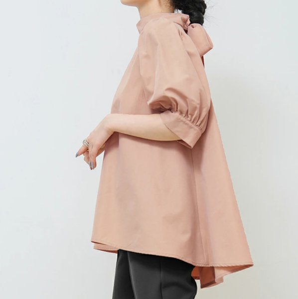 画像11: Women's Lantern Short Sleeve Bow Tie Stand Collar Shirt　ラタンスリーブボウリボンミドル丈シャツブラウス (11)